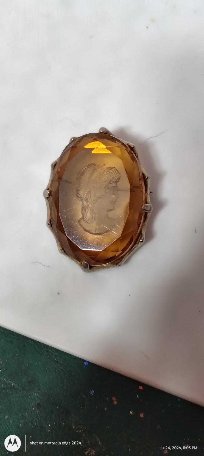 Vintage Reverse Carved Amber Cameo Portrait Brooch Pin, Oval Stone, Beauty Theme