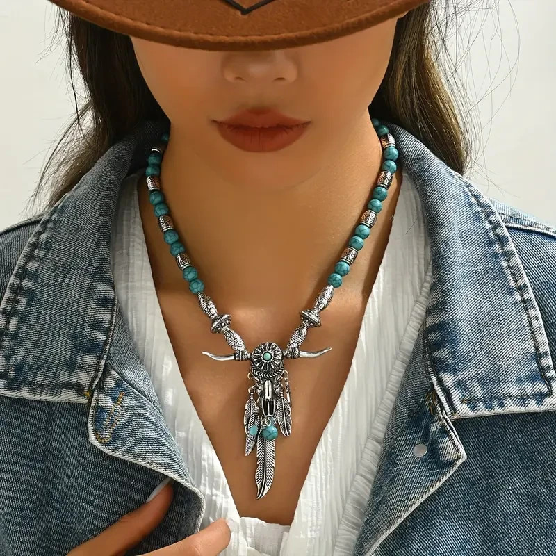 Elegant Boho 925 Sterling Silver Cowboy Cowgirl Turquoise Pendant Necklace