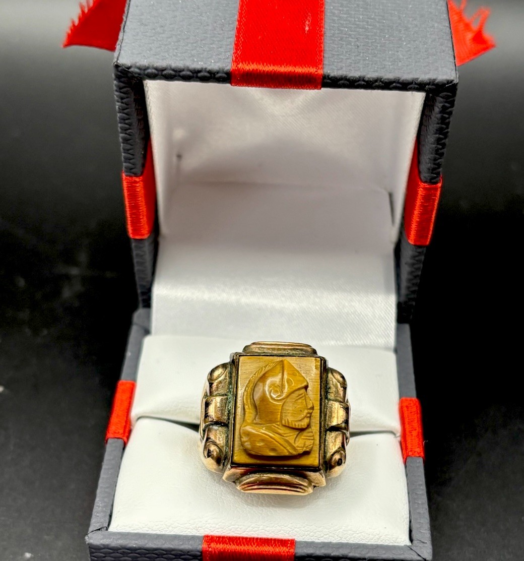 VTG 1/30 14Kt RGP Gold Filled Men’s Ring Tiger’s Eye Cameo Roman 8.19 Grams-8.5