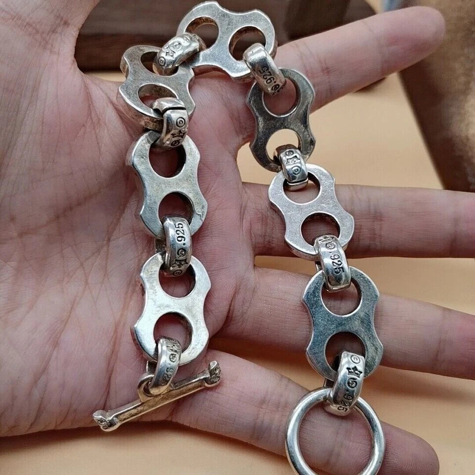 Alloy Curb Link Bracelet Toggle Clasp Vintage Silver Color Unisex Wrist Jewelry