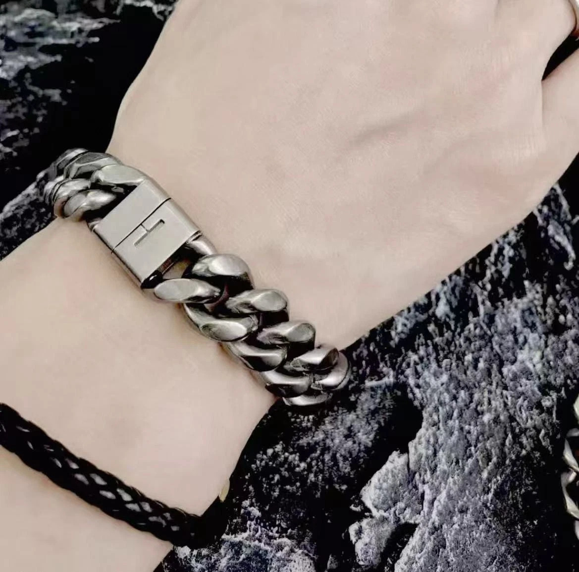 New Pure Titanium Cuban Link Bracelet 14mm Wide Men Women Anti Allergy Fashion
