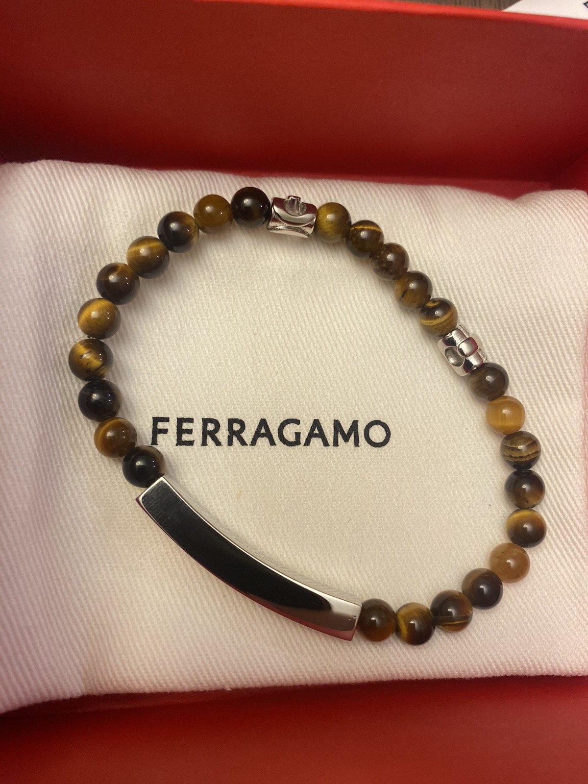Ferragamo Mens Semi-Precious Tiger Eye Stones Logo Stretch Bracelet 19 NEW