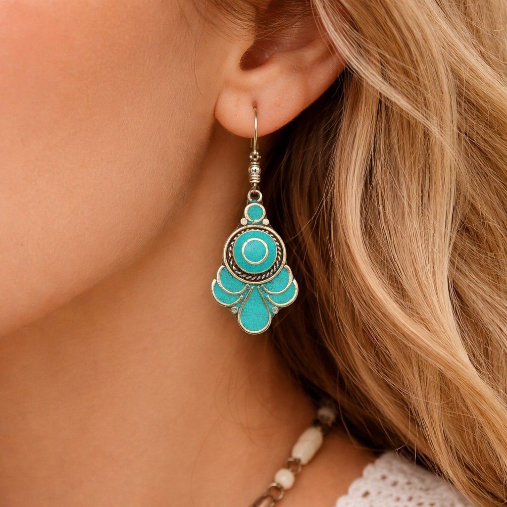 Tibetan Handmade Dangle Earrings In Turquoise Gemstones Boho Style #885