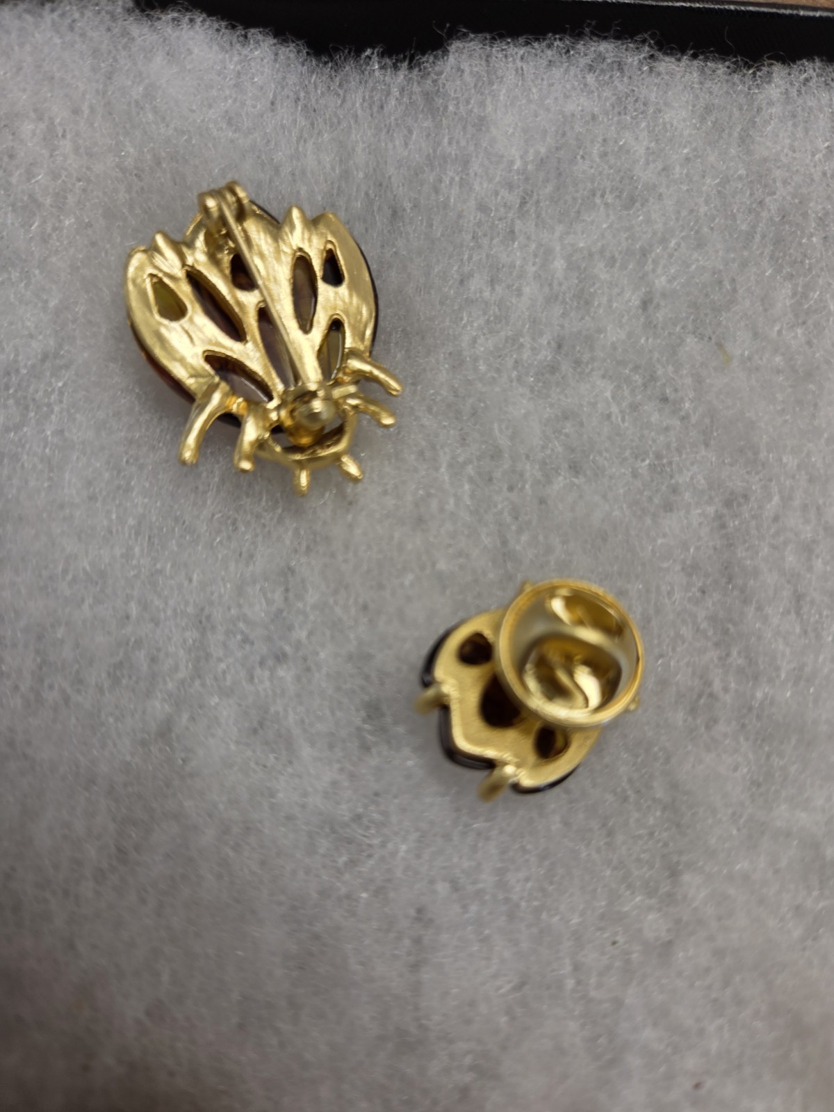 Vtg nos gold tone brown lucite Beetles Bug combo Pins
