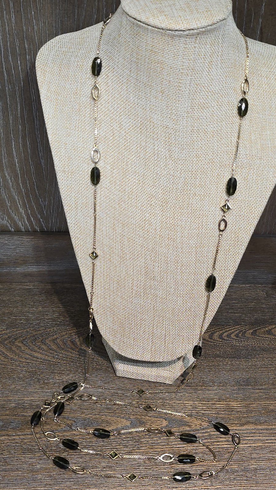 Ellen Tracy Extra Long Necklace Gold Tone Olive Green Glass Beads