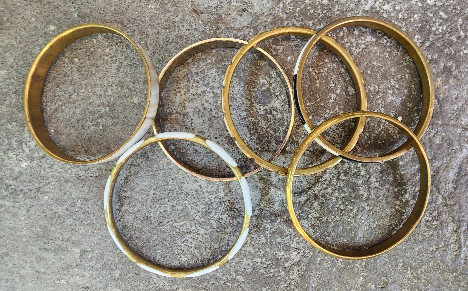 Vintage 60/70s Boho Brass MOP Bangle Bracelets An More. Set Of 6