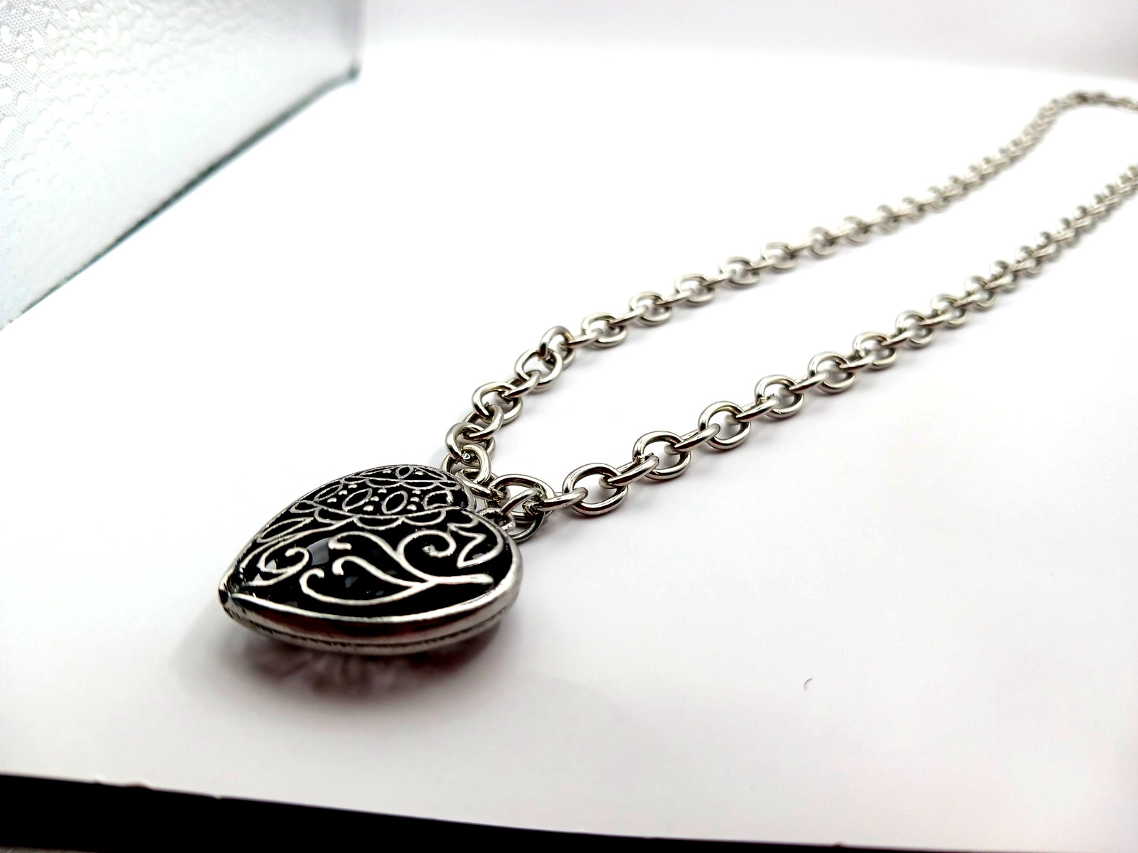 Black + Silver Gothic Heart Pendant with Silvertone Chain 21 Inches