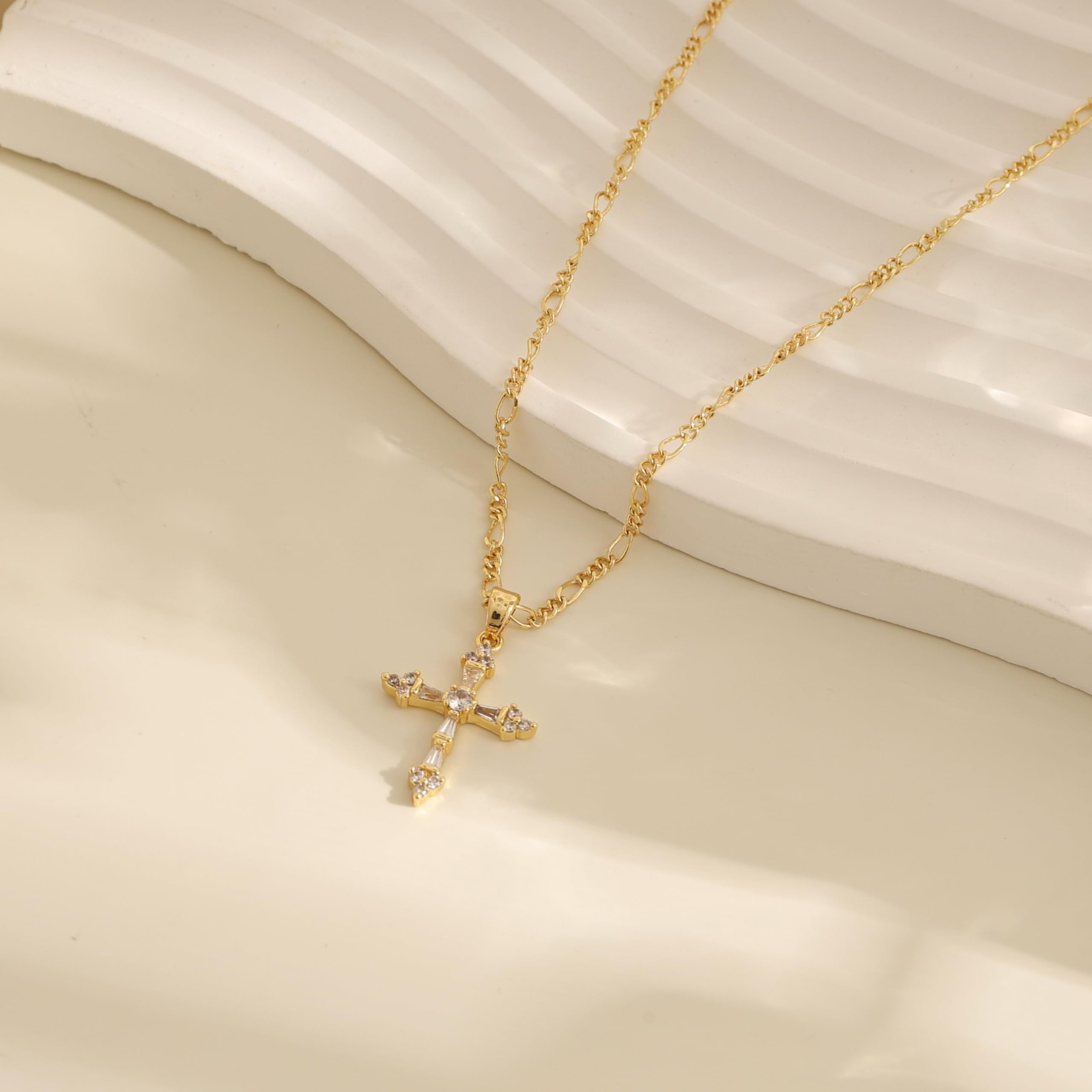LuckFairy 14K Gold Plated Cross 16.5 inches to 18.5 inches, Gold-Figaro