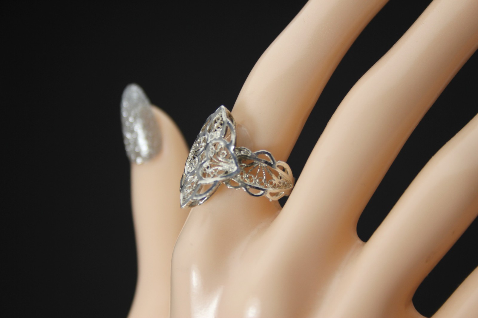 925 Sterling Silver Artisan Marquise Filigree Heart Size 8.75 Ring 3.2g(RIN9703)