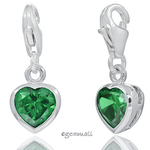 1PC Sterling Silver Small Heart Lab-created Emerald Green CZ Clip On Charm 94034
