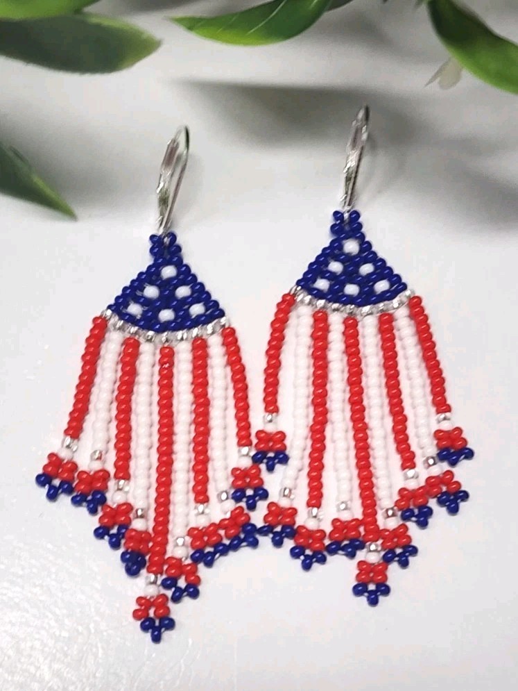 Beaded American Flag Desing Earrings. Handmade. Long 2.8 in.