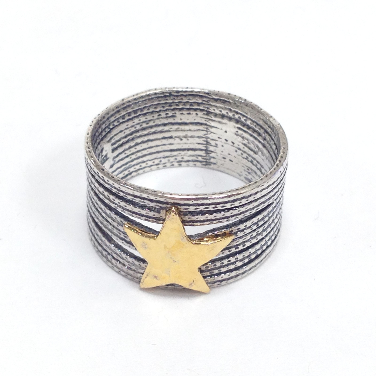 PZ Israel Paz Creations Sterling Silver Gold Tone Star Wide Band Ring Size 10.5