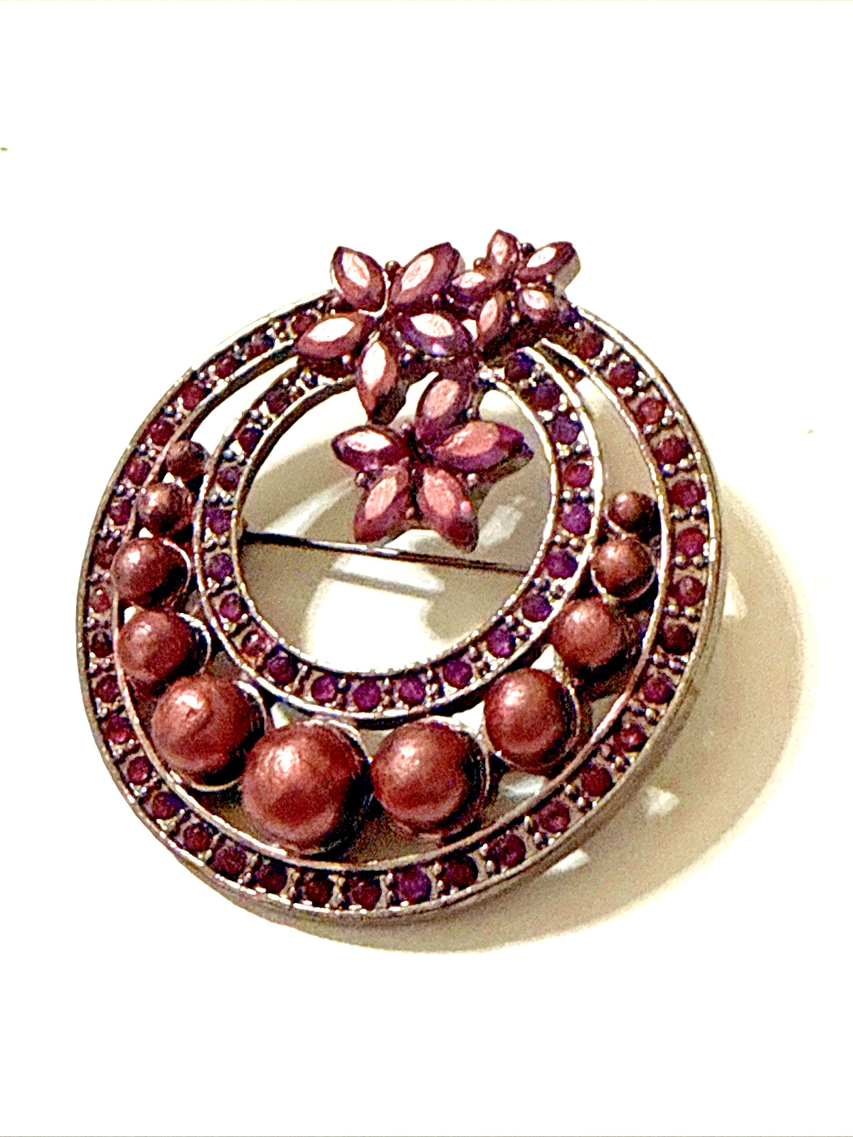 Dark Pink Floral Brooch Rhinestone Magenta Cabochon Silver Tone Round Pin 1.5″