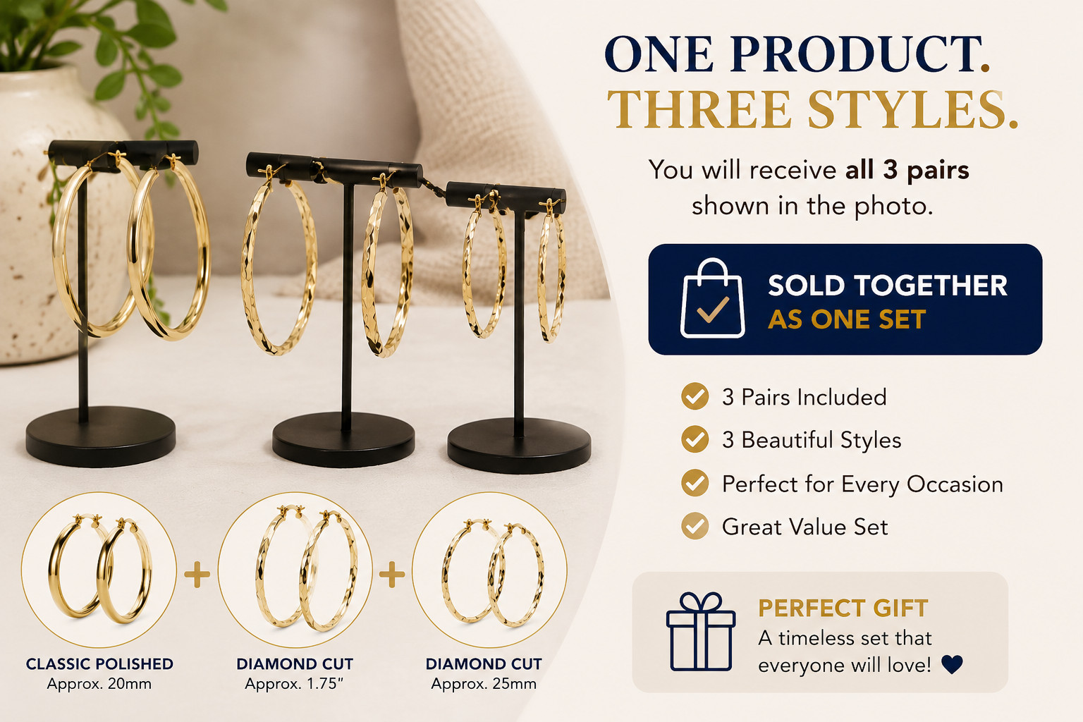 Gold Filled Hoop Earrings Set Diamond Cut Polished Lightweight for Women