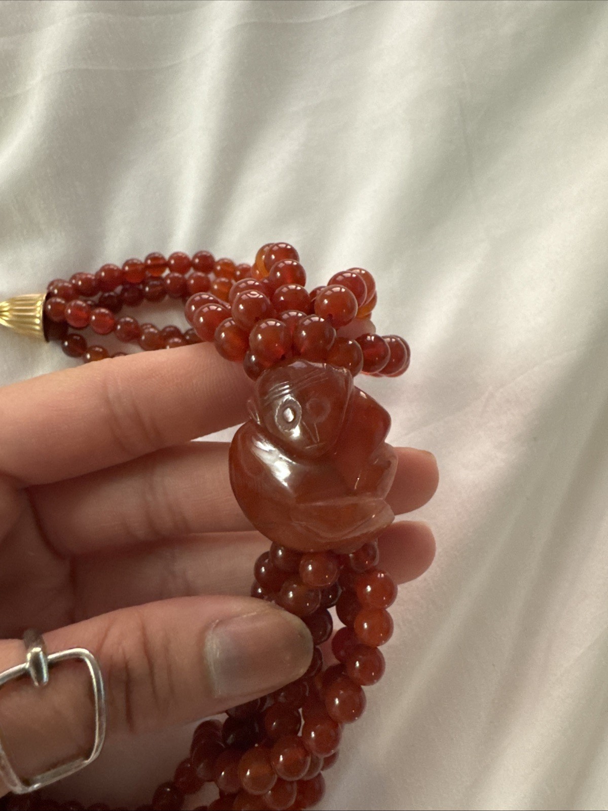 Vintage Chinese Export Sterling Silver Carved Floral Motif Carnelian Glass Beads