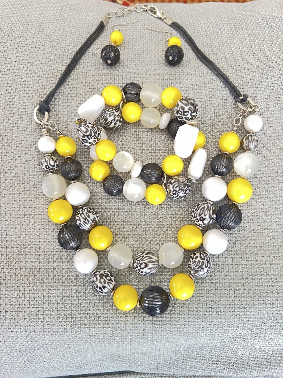 Yellow, Black, White & Gray beaded Necklace and Matching Bracelet And Earrings
