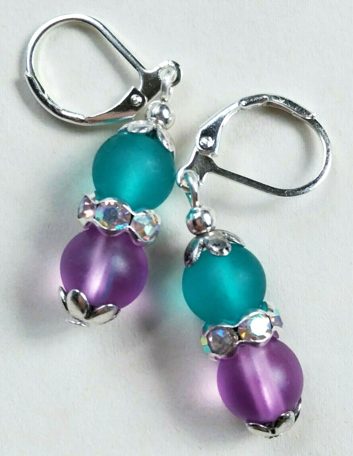 Lavender & Teal FROSTED GLASS AB Crystal drop earring SP HANDCRAFTED FGG