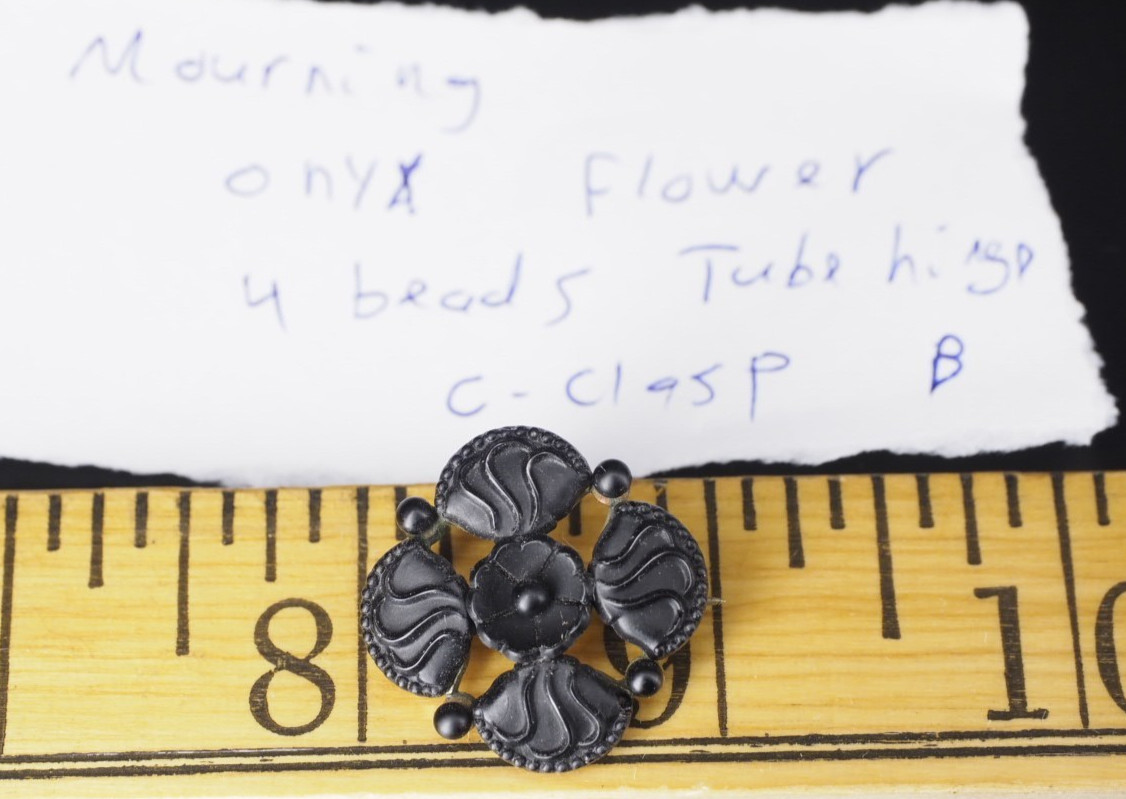 Antique jet Black Carved, Textured Glass Mourning Brooch Victorian Flower Pin