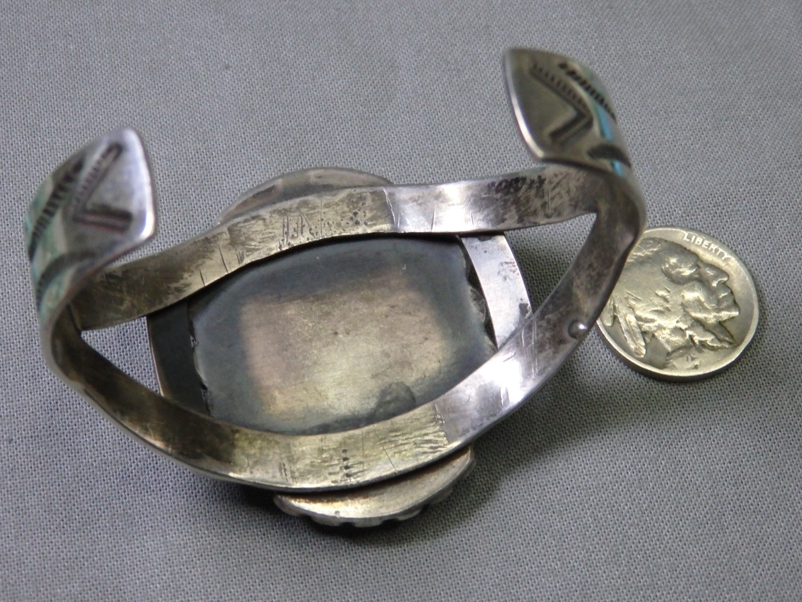 Fred Harvey Era NAVAJO Natural BLUE GEM TURQUOISE Coin Silver 50g CUFF Bracelet