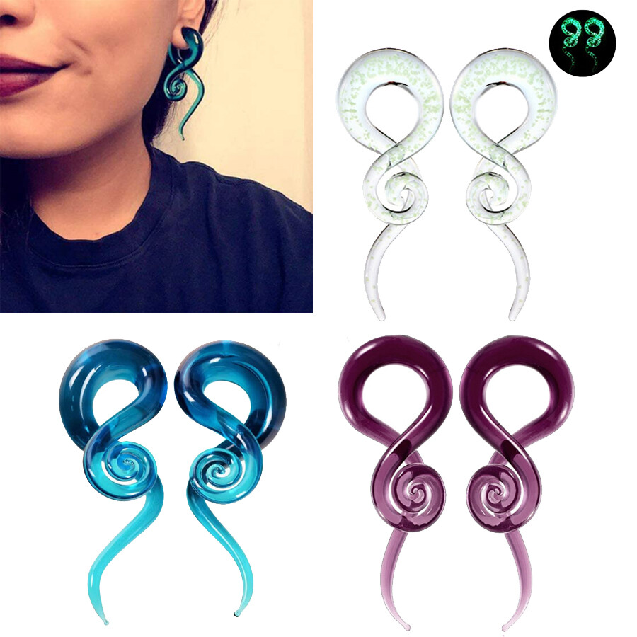 Pair of Ear Stretching Glass Spiral Tapers Plugs Ear Hanger Gauges Plug Earrings