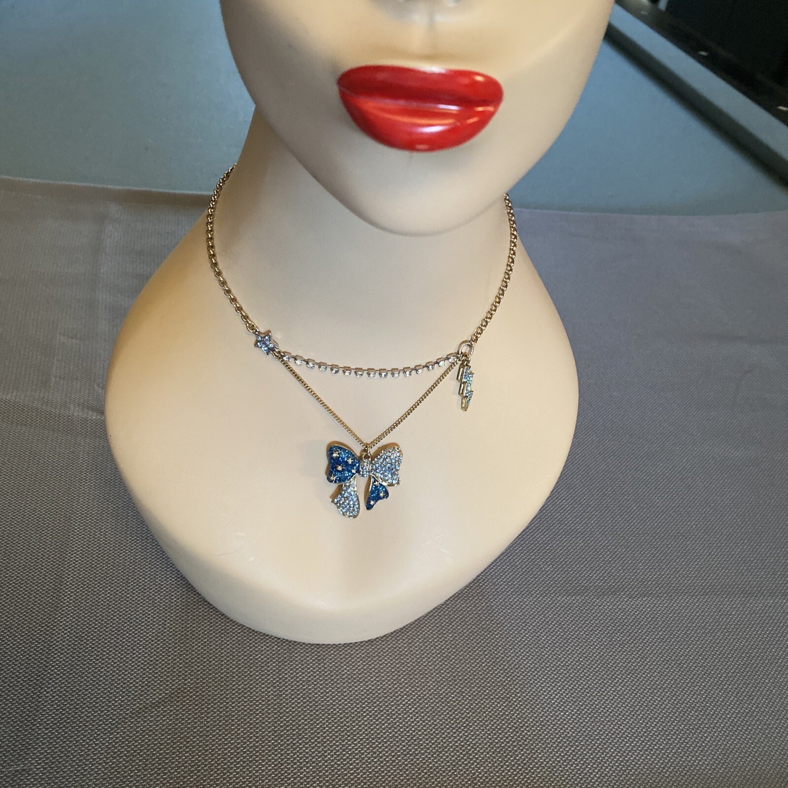 BETSEY JOHNSON Necklace HEAVENS TO BETSEY BLUE PAVE CRYSTAL Lightening Bolt, Bow