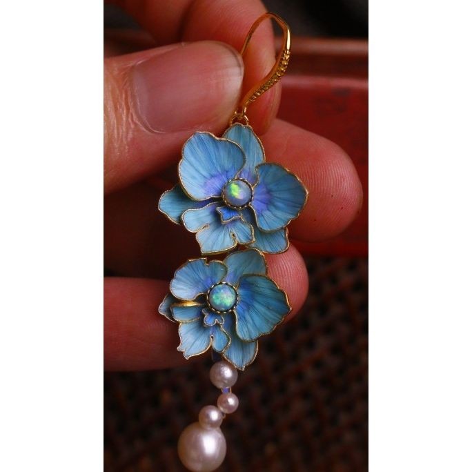 Butterfly Orchid Earrings Filigree Cloisonné Faux Pearl Chinese Style Jewelry