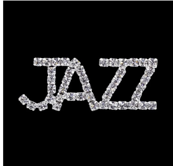 JAZZ Rhinestone Word Pin-Musician or Jazz Fan-1 3/4 by 3/4 inches