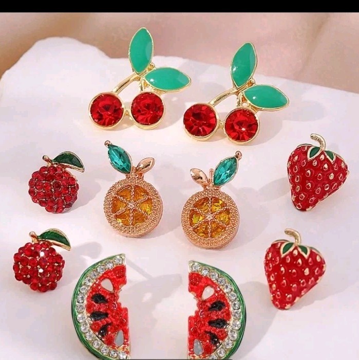 Set Of 5 Micro Mini Stud Earrings, Fruits Embellished With Rinestones. Goldtone