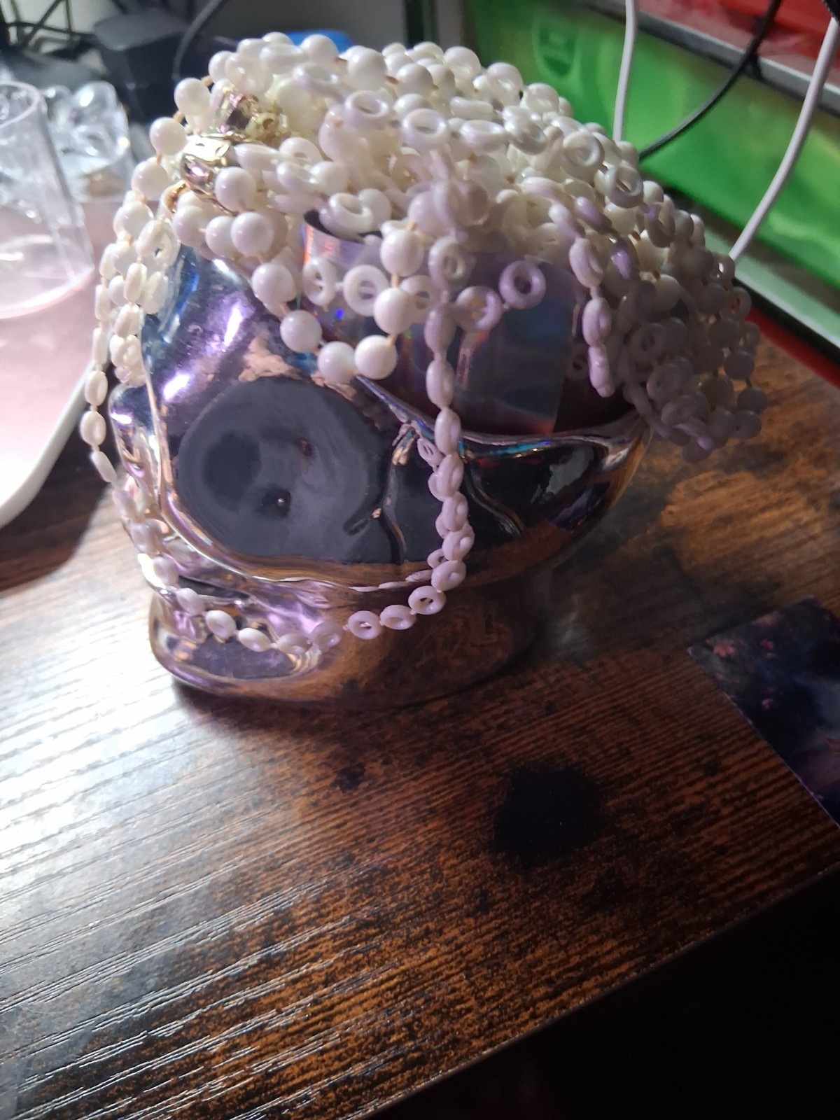 Skull Head With about 6 Pieces Of Jewelry With A White Necklace On Top