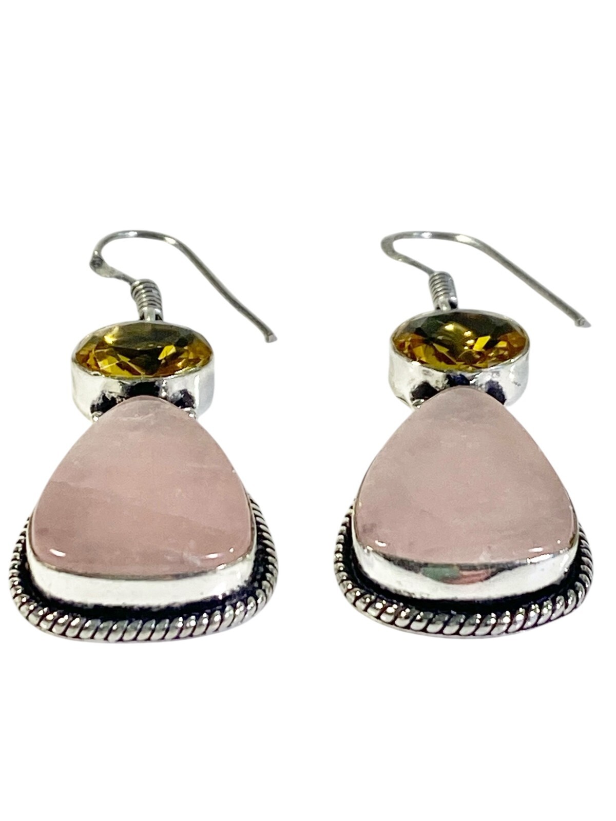 Rose Quartz & Faceted Citrine Teardrop Earrings Double Gems Handmade 12gm 2.8 in