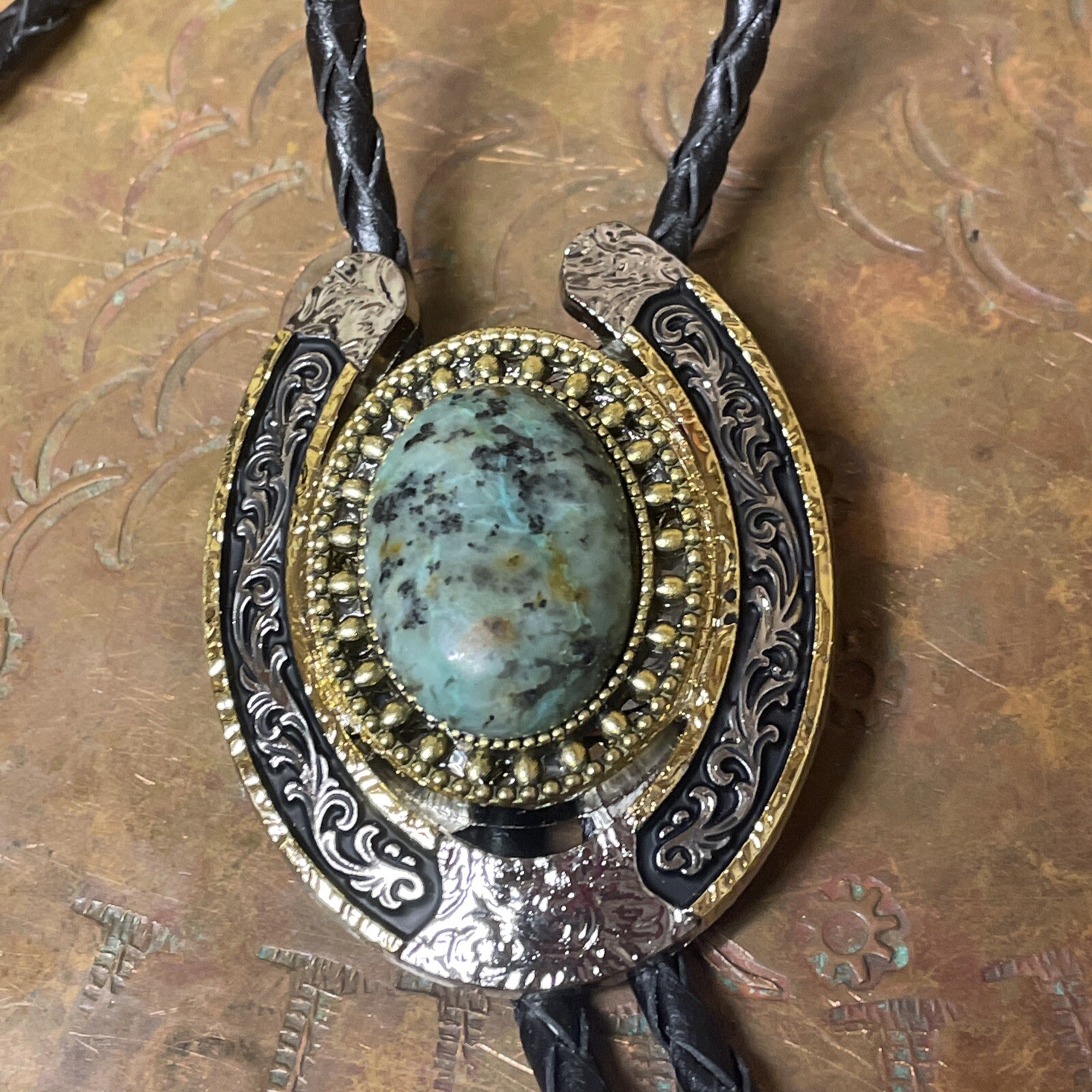 Southwest Tulsa Bolo Tie King African Turquoise Silver Gold Horseshoe Spring