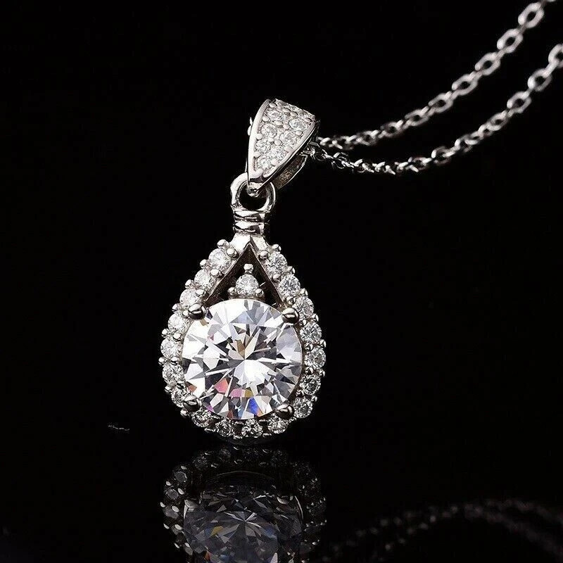 1.70Ct Lab Created Diamond Round Teardrop Pendant 14K White Gold Plated Chain