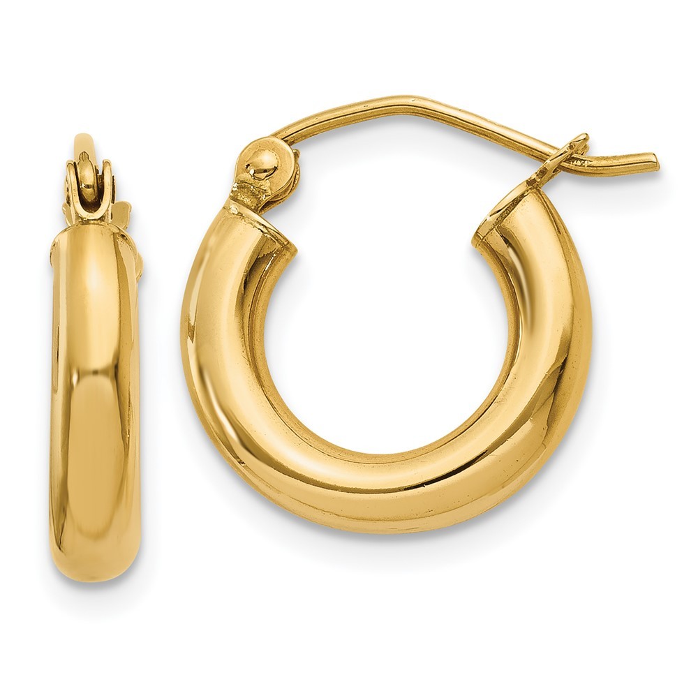 10k Yellow Gold Polished 3mm Lightweight Tube Hoop Earrings L 14mm, W 14mm
