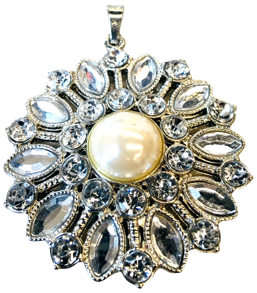 Pendant Rhinestone Crystal Faux Pearl 2” Silver Tone Round Fashion Jewelry
