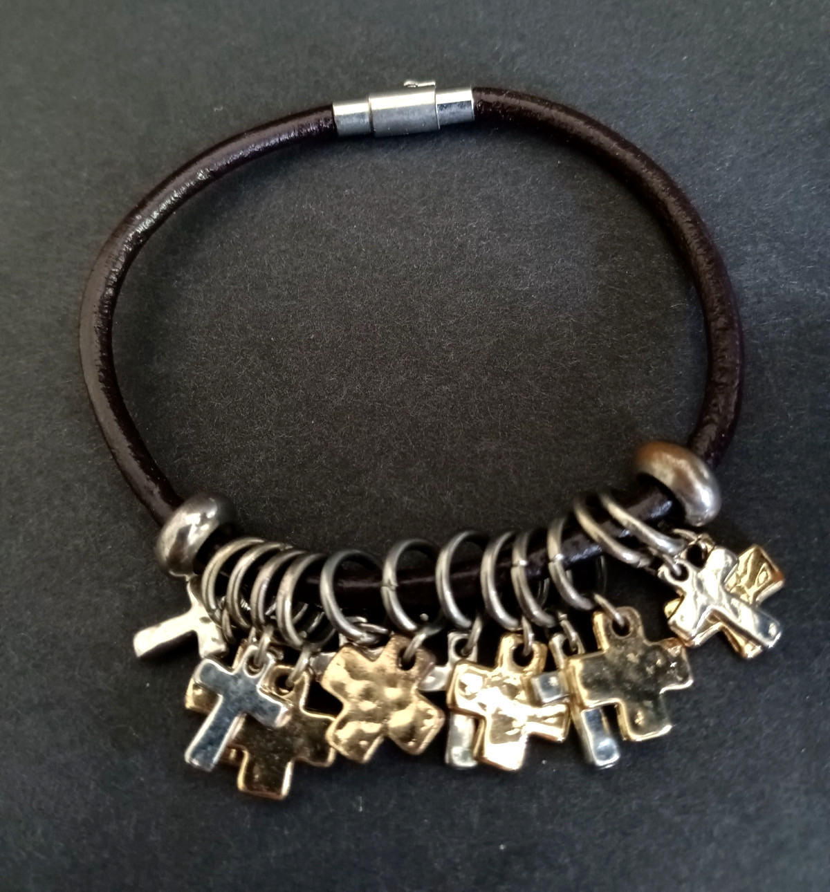 Leather Cord Cross Charm Bracelet Black Silver Gold Tone Faith Boho Spiritual