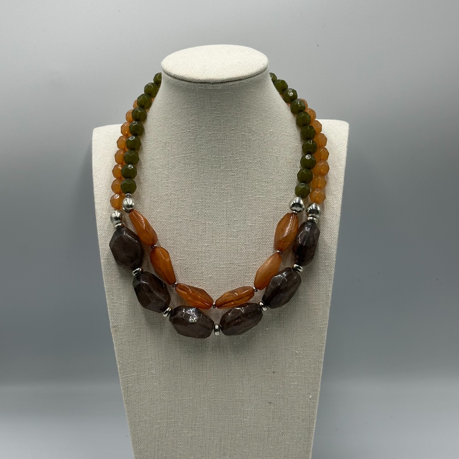 Multicolored Bead Necklace Silver Tone Orange Brown Green Color Block 2 Strand