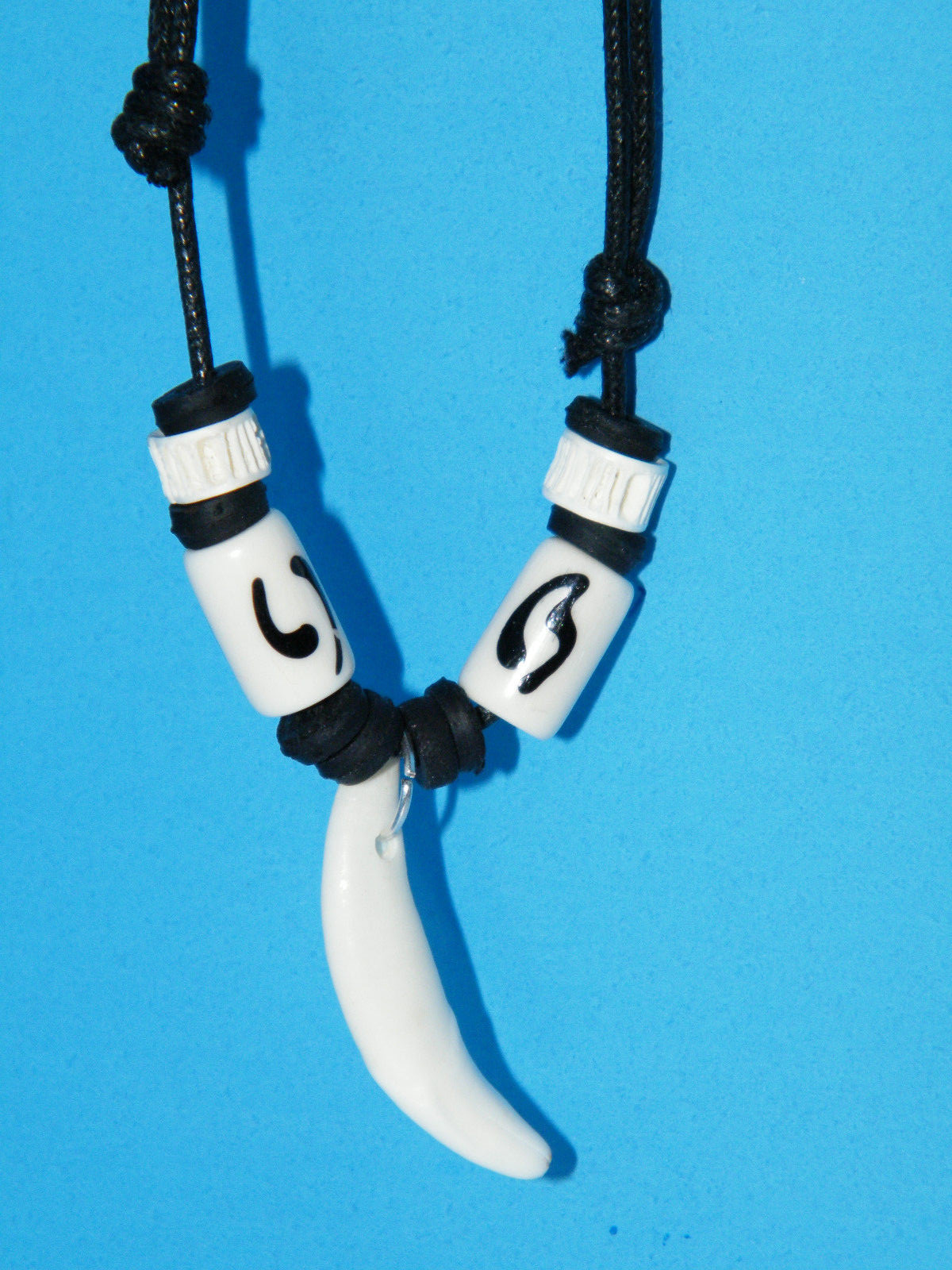 White Coyote Tooth Necklace REAL Teeth Black White Beads 16″-28″ Black Cord NEW!