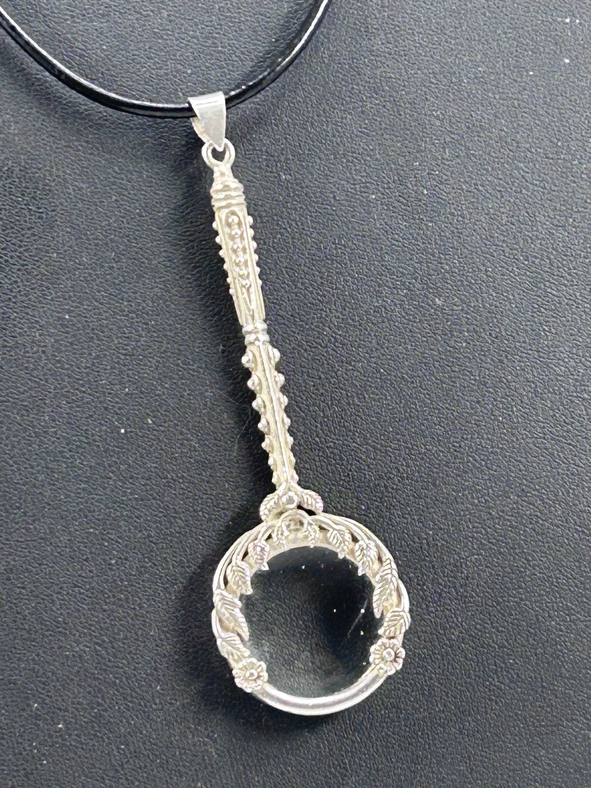 Silver-tone Pretty Floral Design 3″ Magnifying Glass Pendent On Cord 26″