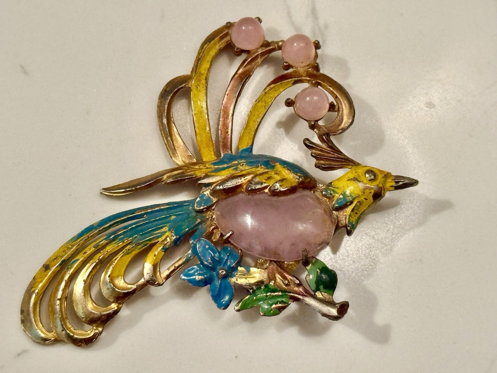 Antique 1940s CORO JELLY BELLY Bird Of Paradise Brooch W/ Enamel Pink & Yellow