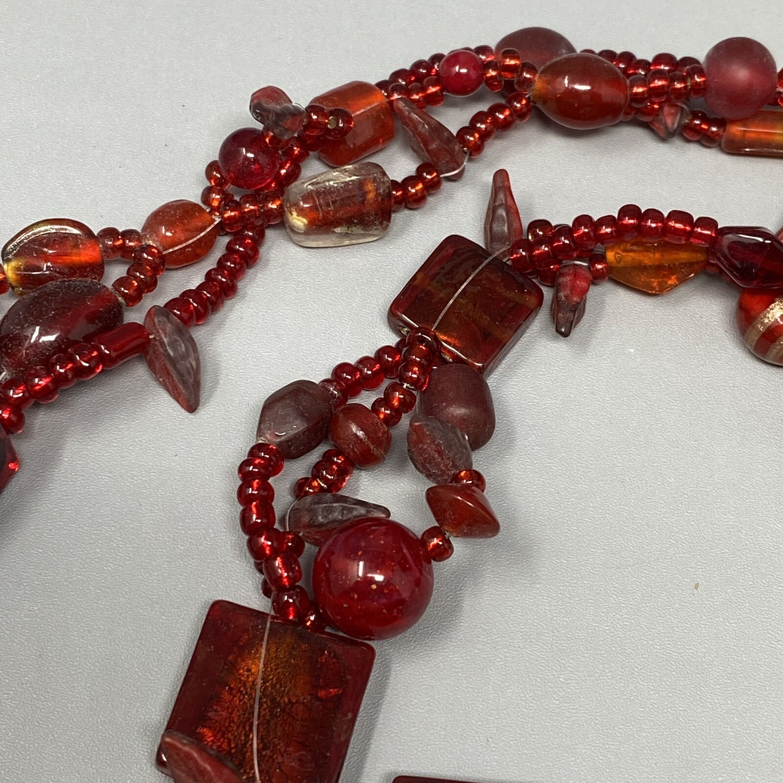 VTG Boho Glass Necklace Red Burgundy Glass Beads Czech Dichroic Frost Molded 24″