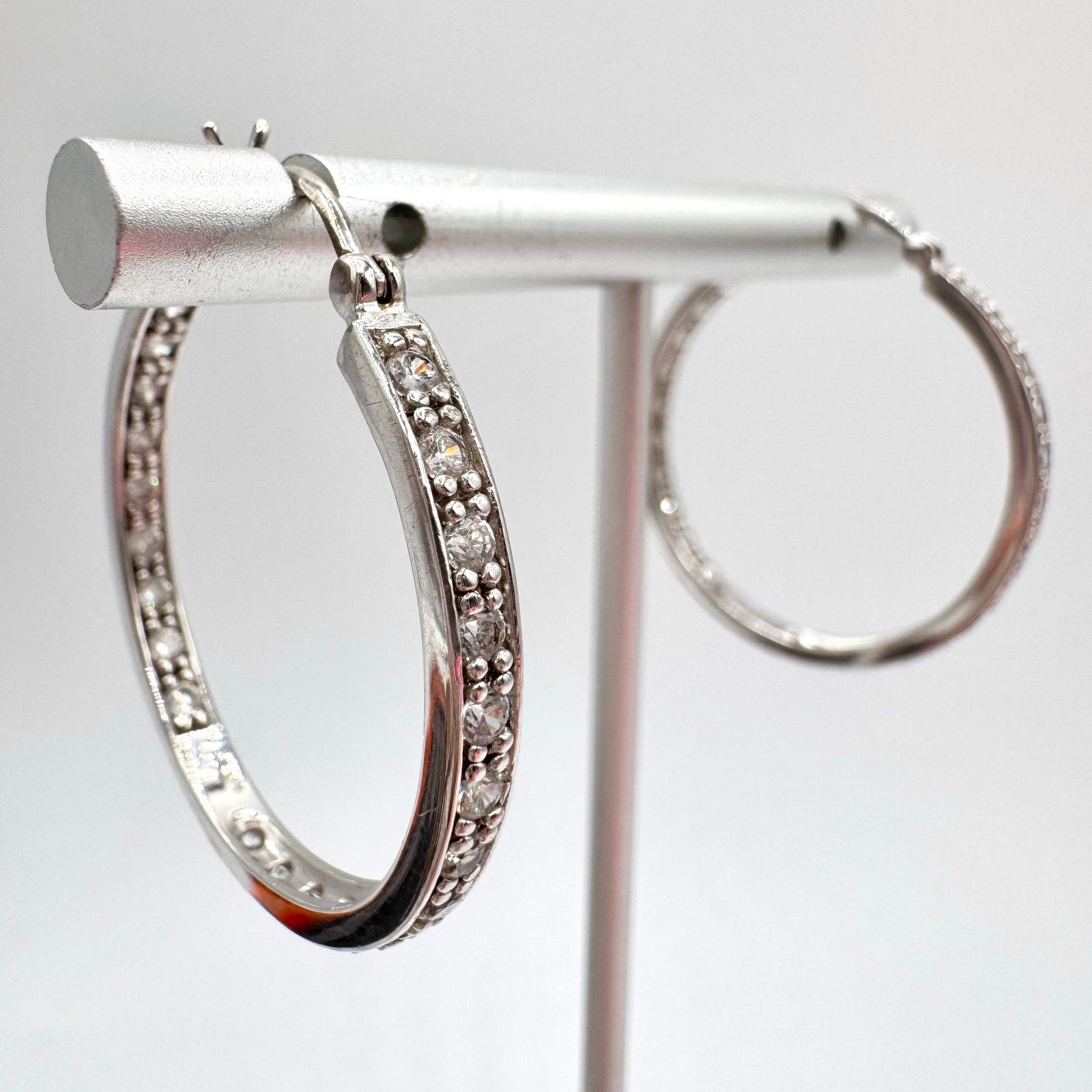 925 Sterling Silver CZ Front Back Hoop Earrings Acid Tested Signed 1 1/4” 7.36 g