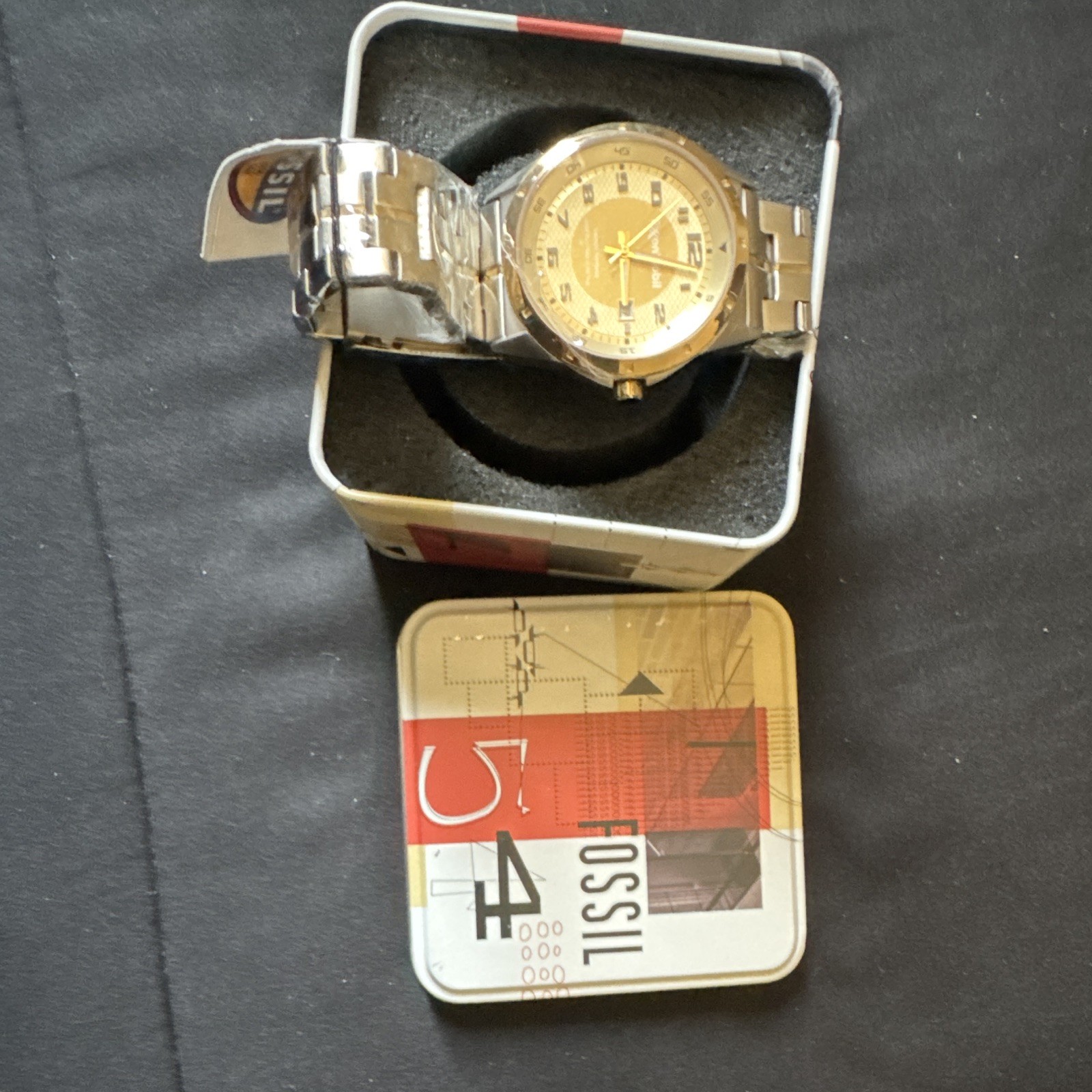 Fossil Quartz Analog Watch Gold Dial Date Silver Stainless 50m 40-43mm Box