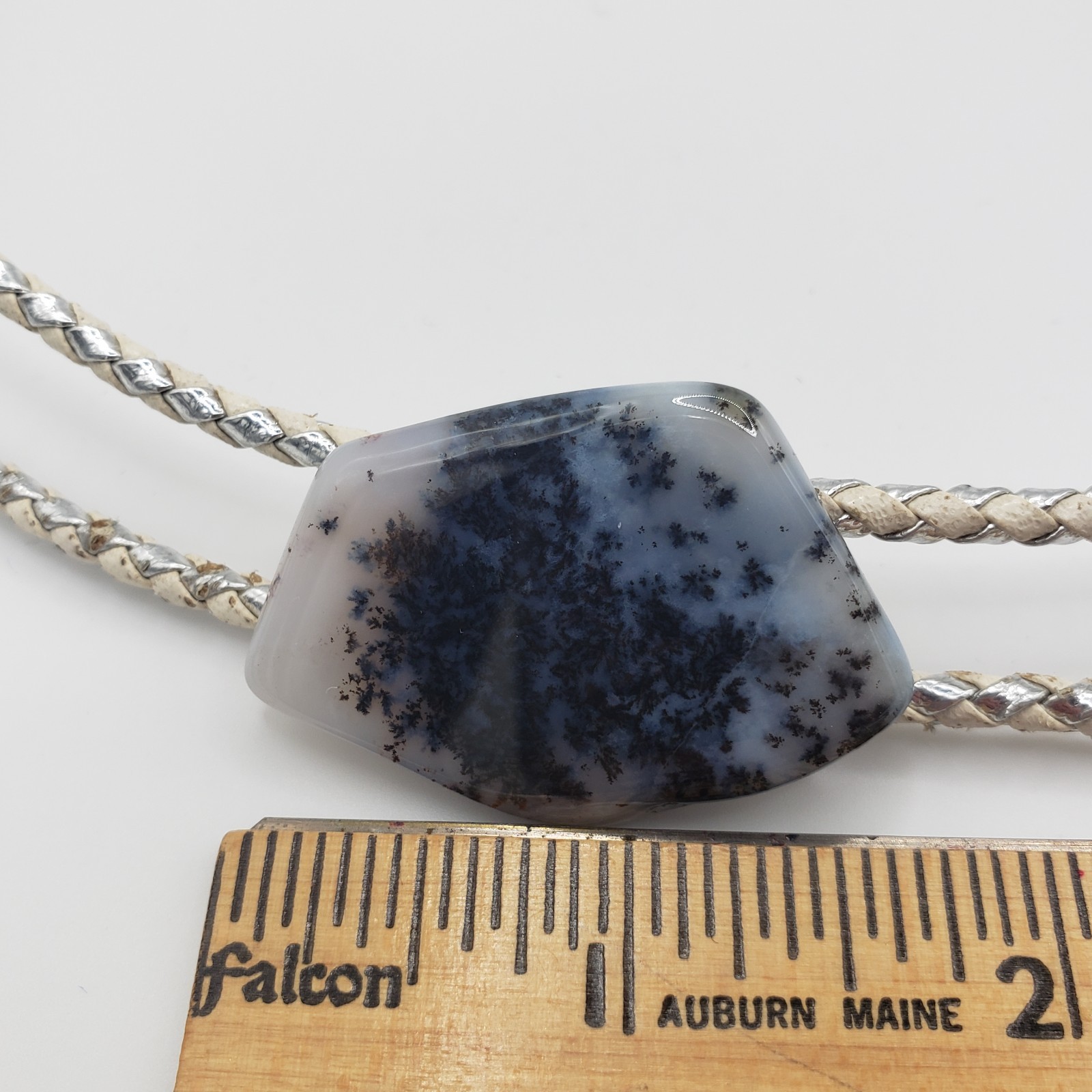 Vintage Dendritic Agate Bolo Tie Braided White/Silver Leather Cord Western Style