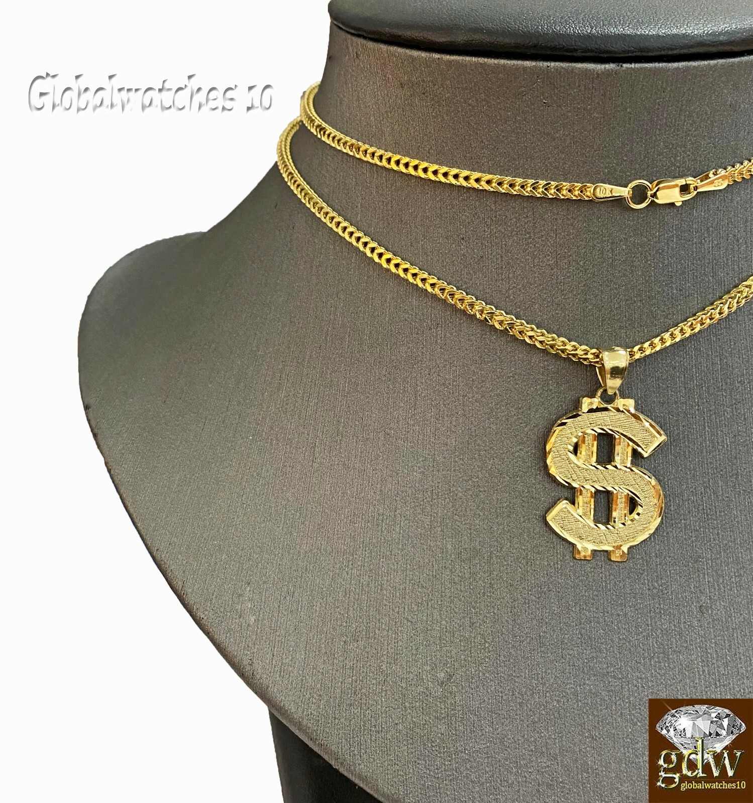 10k Gold Charm Pendant Dollar Money Sign with Franco Chain in 20 22 24 26 Inch