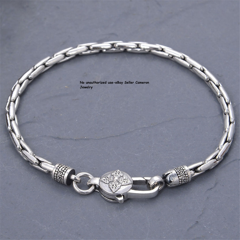 Solid S925 Sterling Silver Chain 3.5mm Vajra Bamboo Link Bracelet 6.3-8.7inch