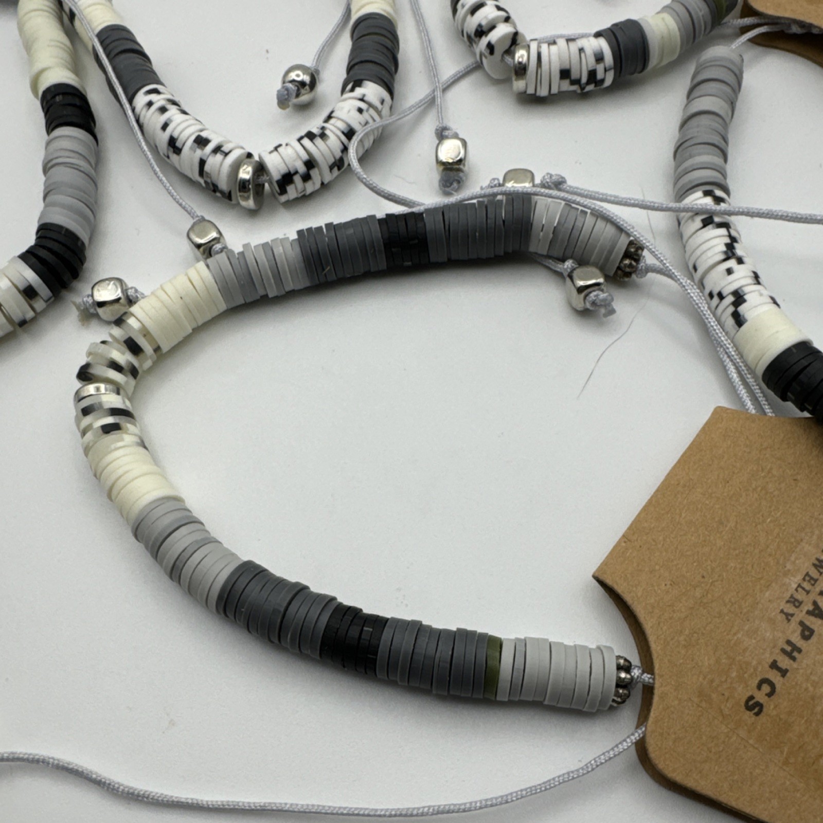 Baker Graphics Jewelry Beaded Adjustable Cord Bracelets Gray White Black