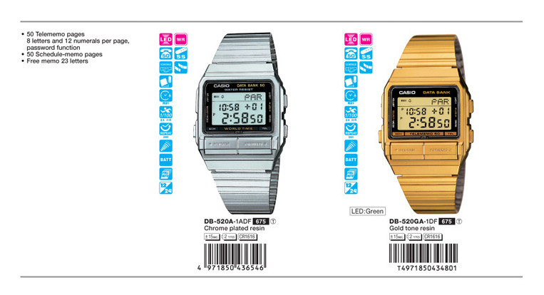BIN! NEW NOS Second edition Casio DB-520 Front Button World-Time Data-Bank watch