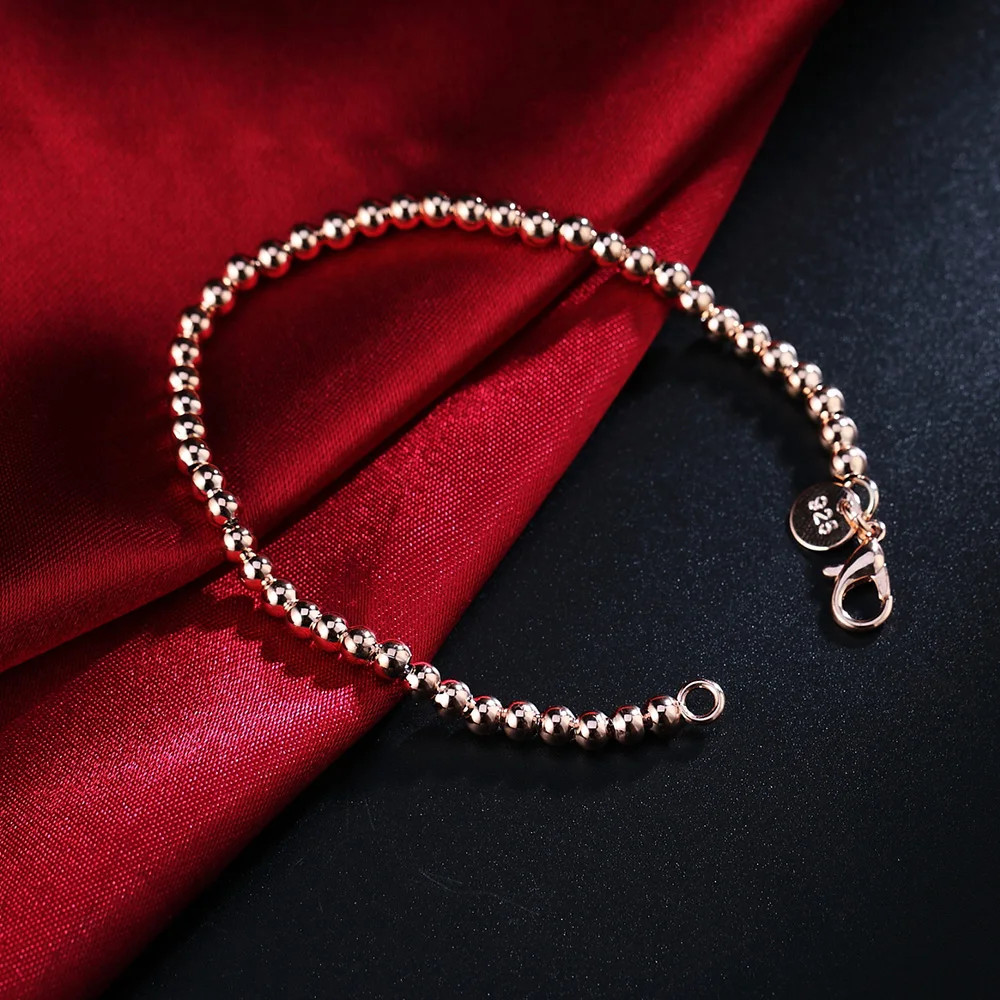 2PCS Hot 925 Sterling Solid Silver Jewelry 4MM Solid Beads Bracelet For Women