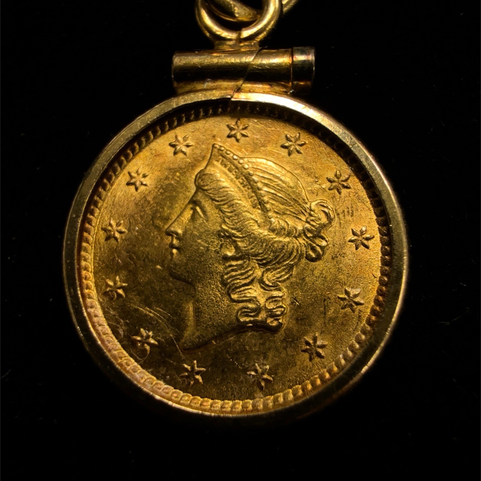 1853 US $1 Gold Liberty Head Coin in 14k Yellow Gold Coin Edge Bezel Pendant