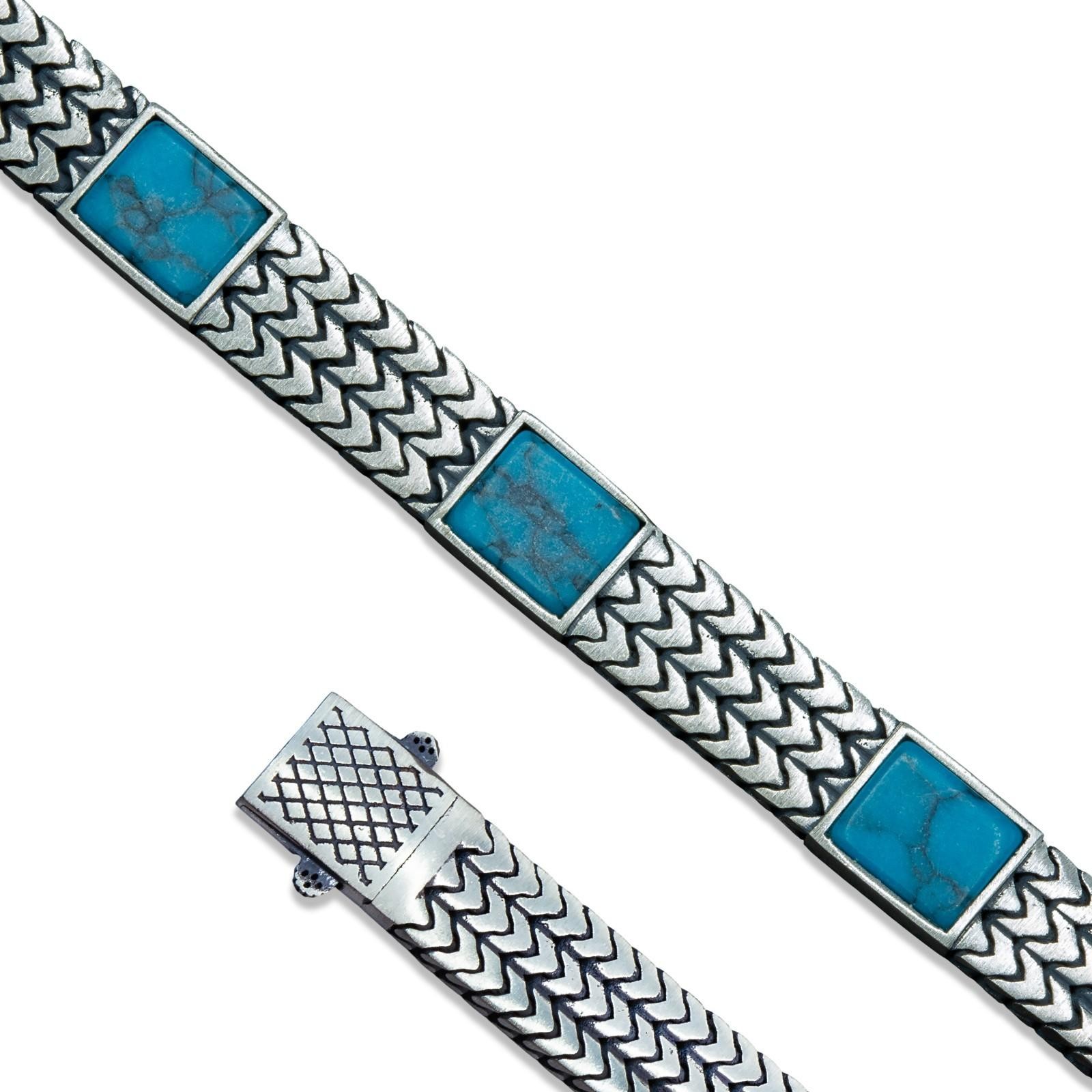 925 Men’s 925 Sterling Silver Foxtail Curb Chain Turquoise Gemstone Bracelet
